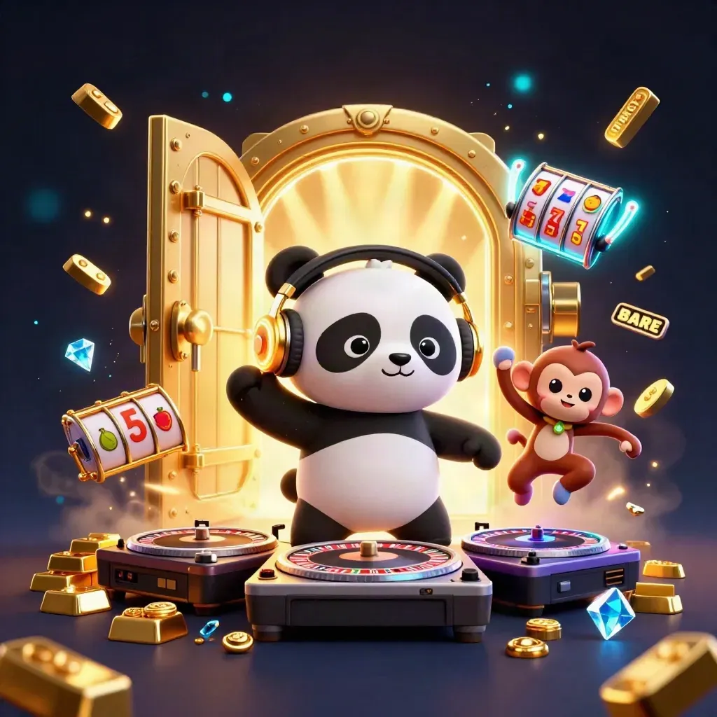 DJ-panda, breakdancende aap en glow-stick kitten bij een open gouden kluis met neon en slotrollen.