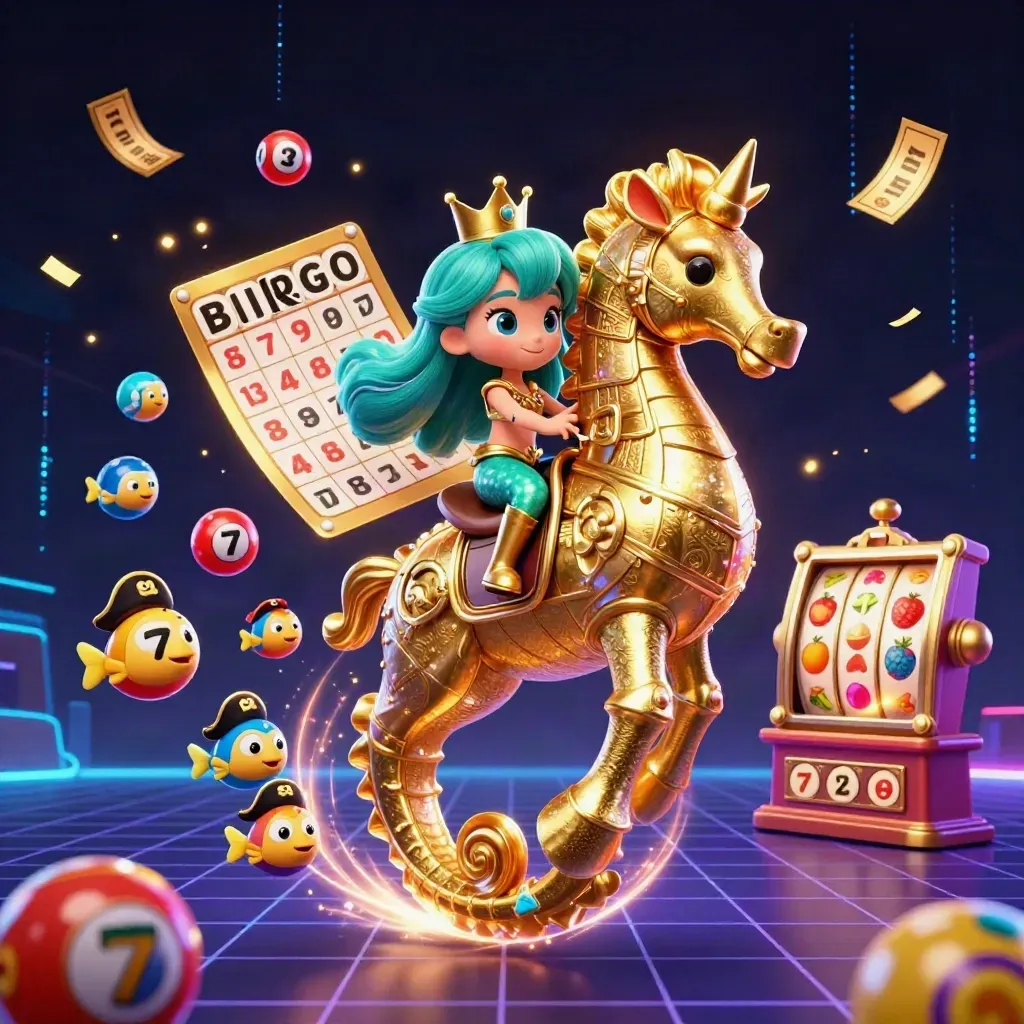 Zeemeermin op gouden zeepaardje met piratenvissen en casino-effecten in neon.
