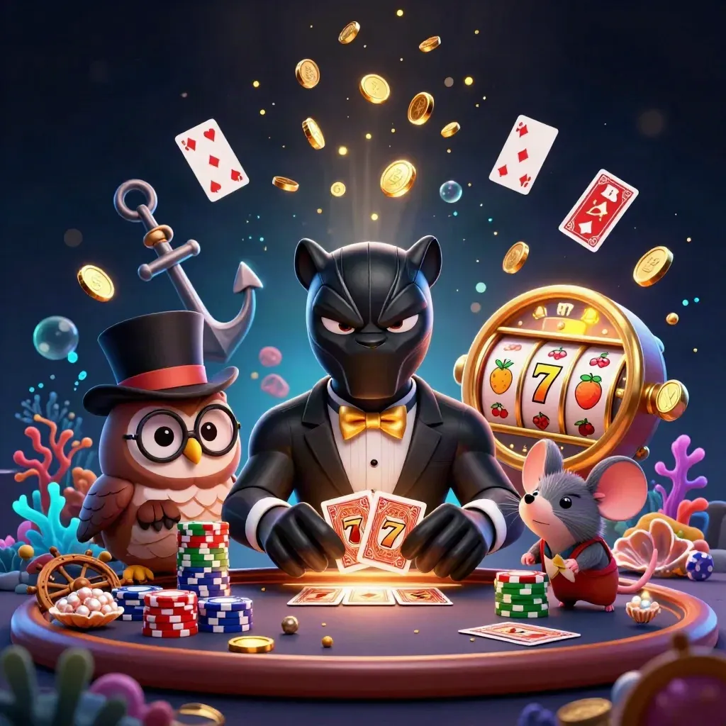 Panter, uil en muis tussen goud, kaarten en koraal in een luxe casinoscène.