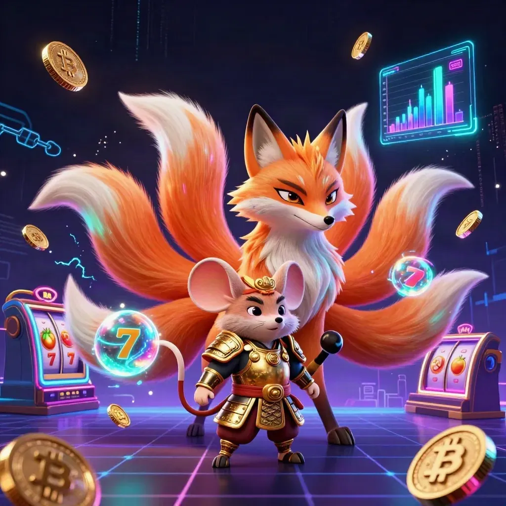 Neonvos met negen staarten en samurai-muis tussen gouden coins in futuristische casino-energie