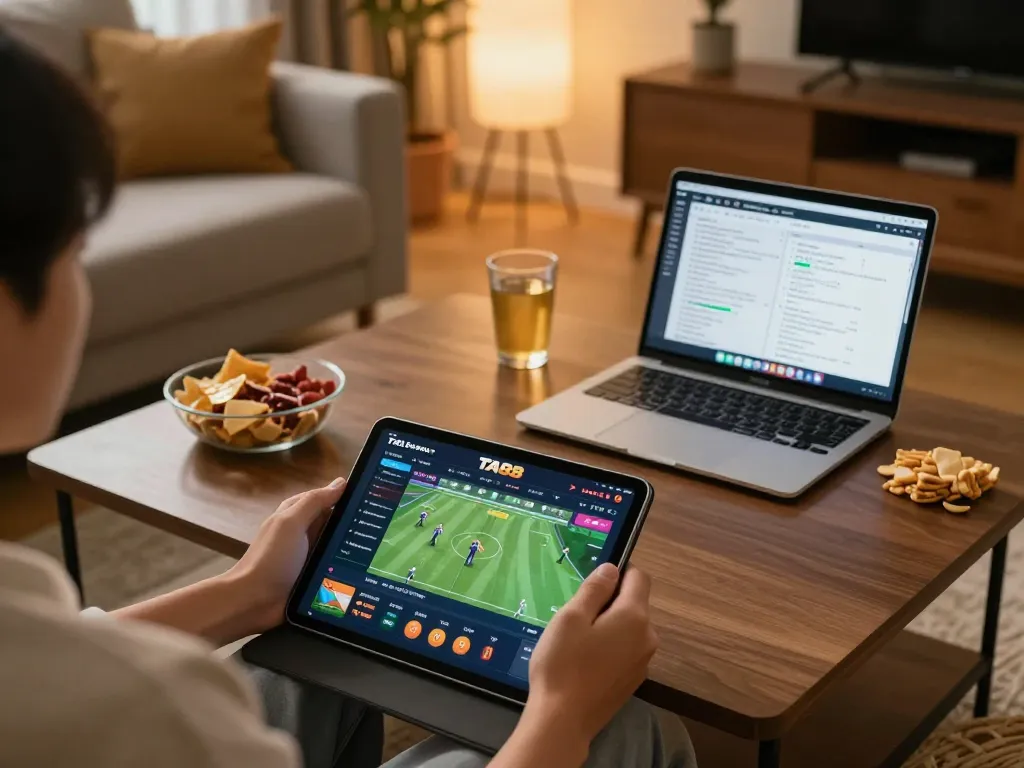 Engaging in online sports betting at https://ta88at.com/ on a tablet in a cozy home setting.