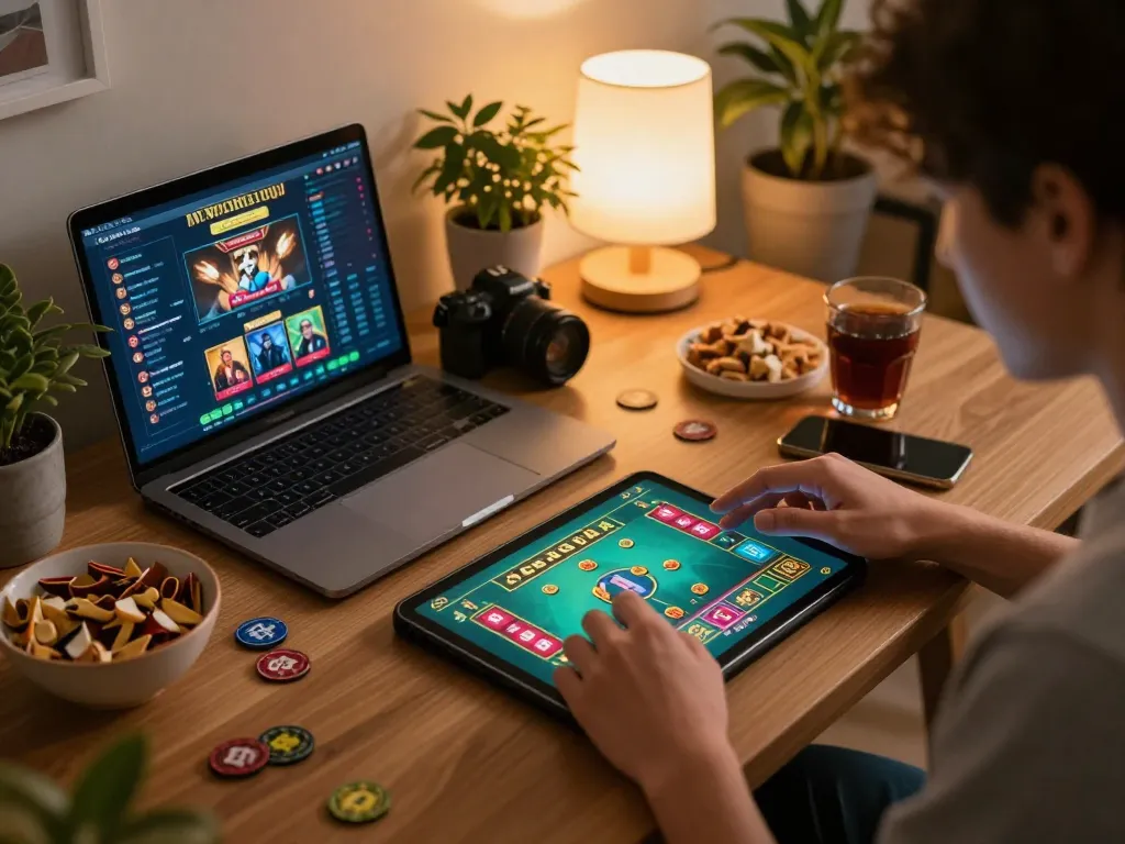 Xocdia88 player engaging on tablet with vibrant game interface, reflecting modern online gambling.