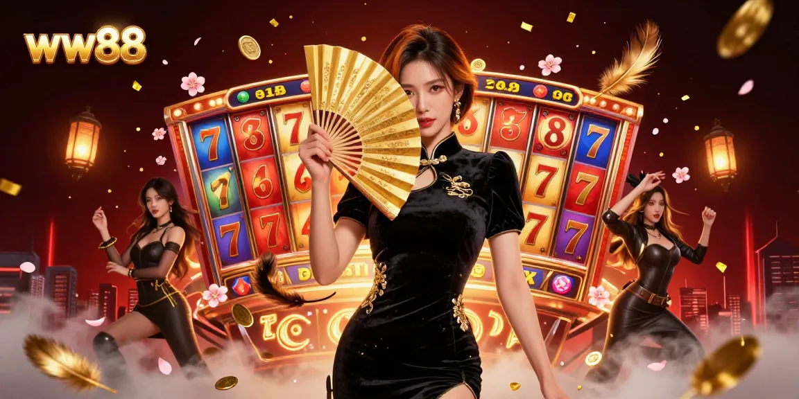 Enjoy thrilling jackpots at ww88 with an elegant Asian lady amid dynamic slot machines.