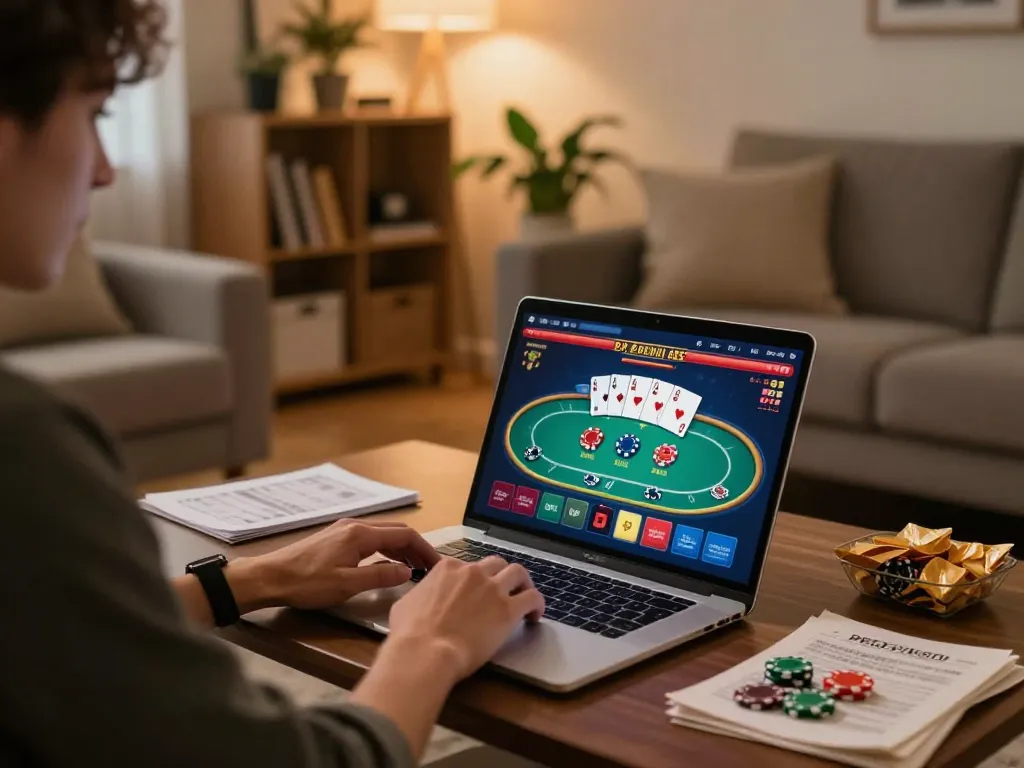 Player strategizing online poker on a laptop at home, featuring vibrant views of vuabet88i.