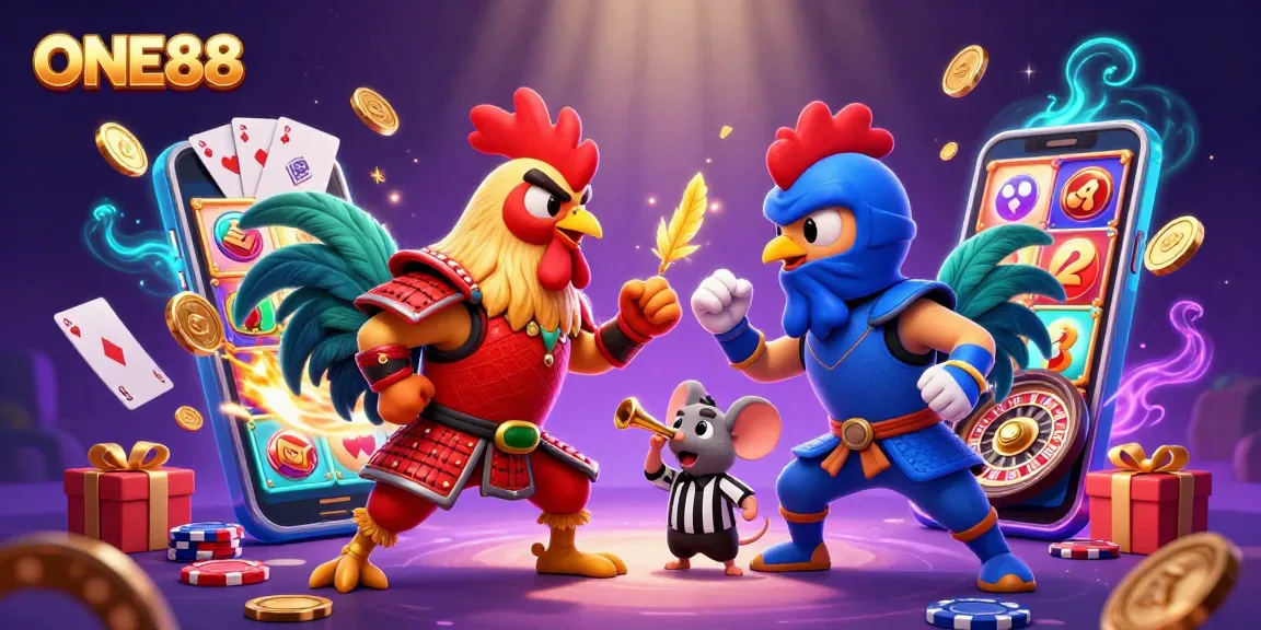 ONE88 showcases twin fighting roosters in a dramatic scene surrounded by gaming elements, illustrating the excitement of online gambling.