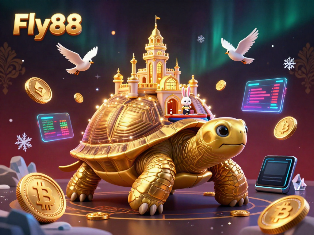 Engage with Fly88's captivating casino scene featuring a giant tortoise and a rabbit dealer.