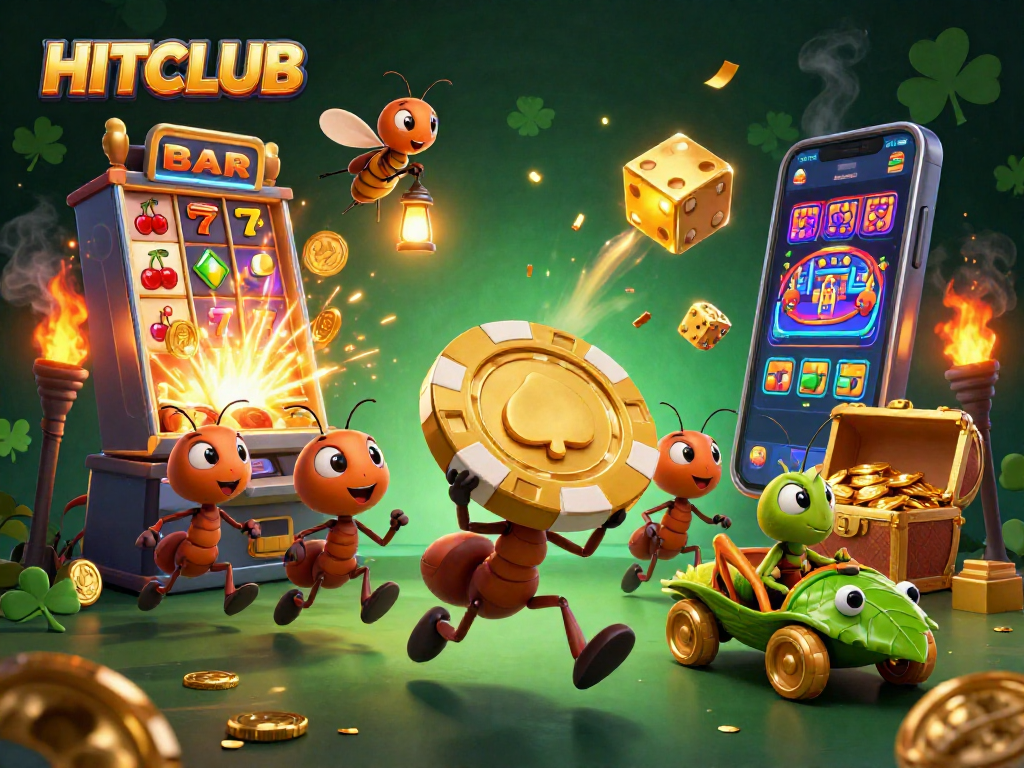 Experience the thrill of HITCLUB with a colorful, dynamic casino illustration featuring characters and games.