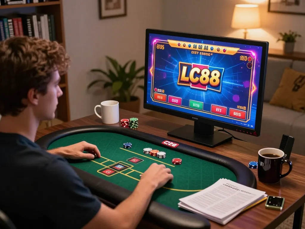 Engaging player enjoying LC88 online poker at home with gaming setup and strategy notes.
