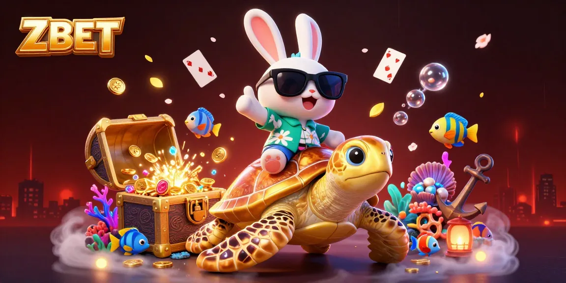 ZBET showcases a lucky rabbit and golden turtle in a vibrant casino-inspired underwater scene.
