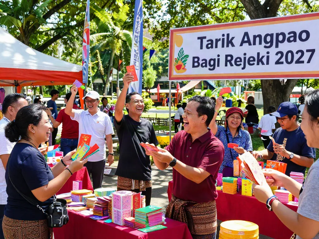 Participants enjoying the ROKOK88 Tarik Angpao Bagi Rejeki 2027 event filled with excitement and colorful decorations.