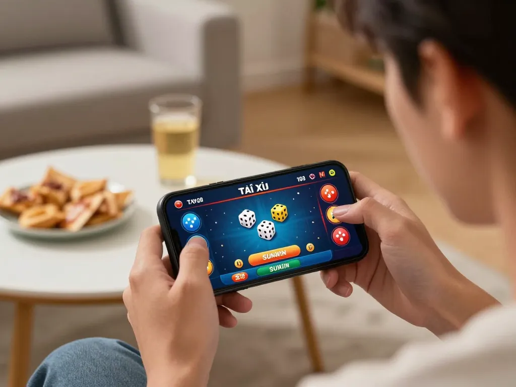 Tài xỉu sunwin game display on smartphone showing live dice action in a cozy home setting.