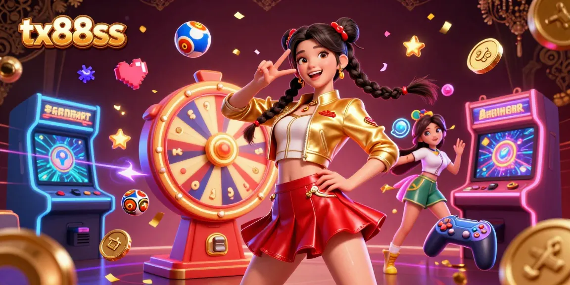 Engage with the vibrant casino world of tx88ss, featuring an energetic Asian woman surrounded by colorful gaming elements.