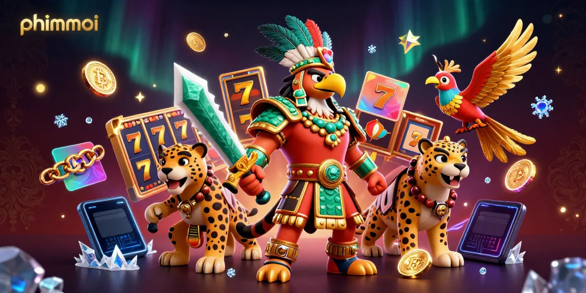 Spin the reels with phimmoi in a vibrant 3D casino scene featuring Aztec warriors.