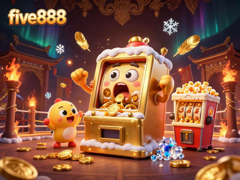 Experience exciting gameplay with five888 as golden slot machines celebrate big wins amidst vibrant casino elements.