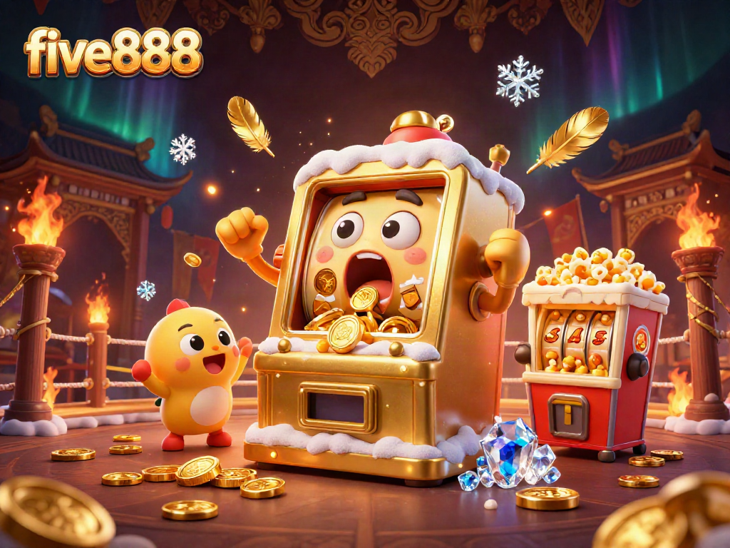 Experience exciting gameplay with five888 as golden slot machines celebrate big wins amidst vibrant casino elements.
