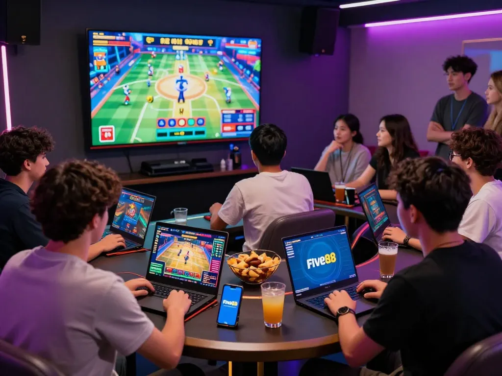 Five88 chính thức online gambling scene with friends enjoying games in a vibrant gaming room.