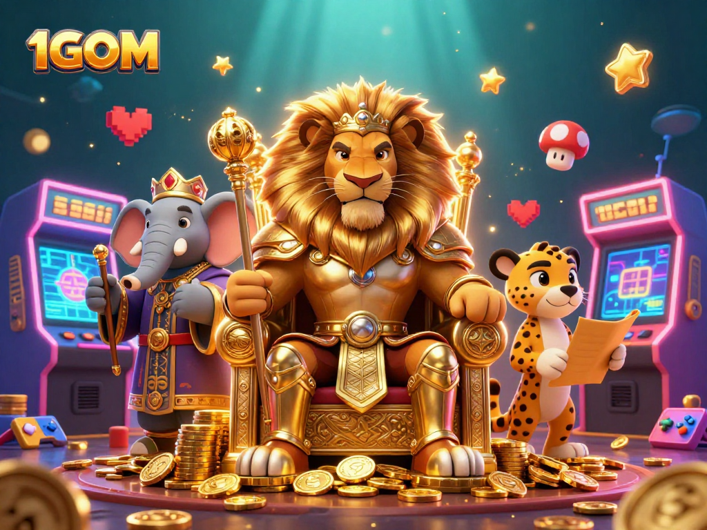 Experience the thrill of 1GOM with an intense colorful scene featuring casino icons and characters.