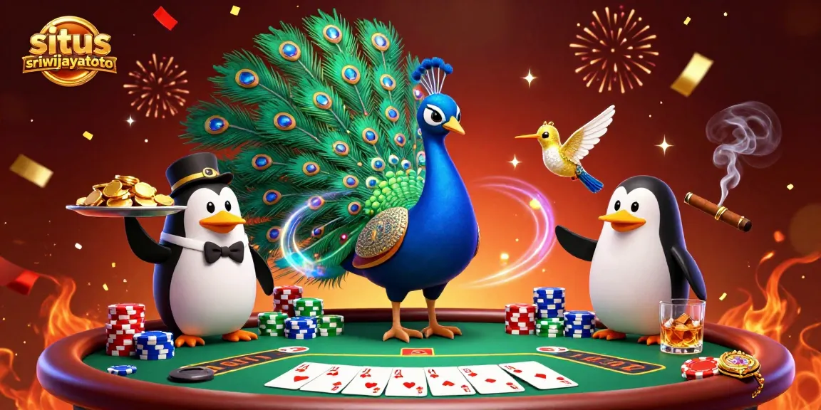 Engage with situs sriwijayatoto in a vibrant casino scene featuring a peacock, penguin, and hummingbird.