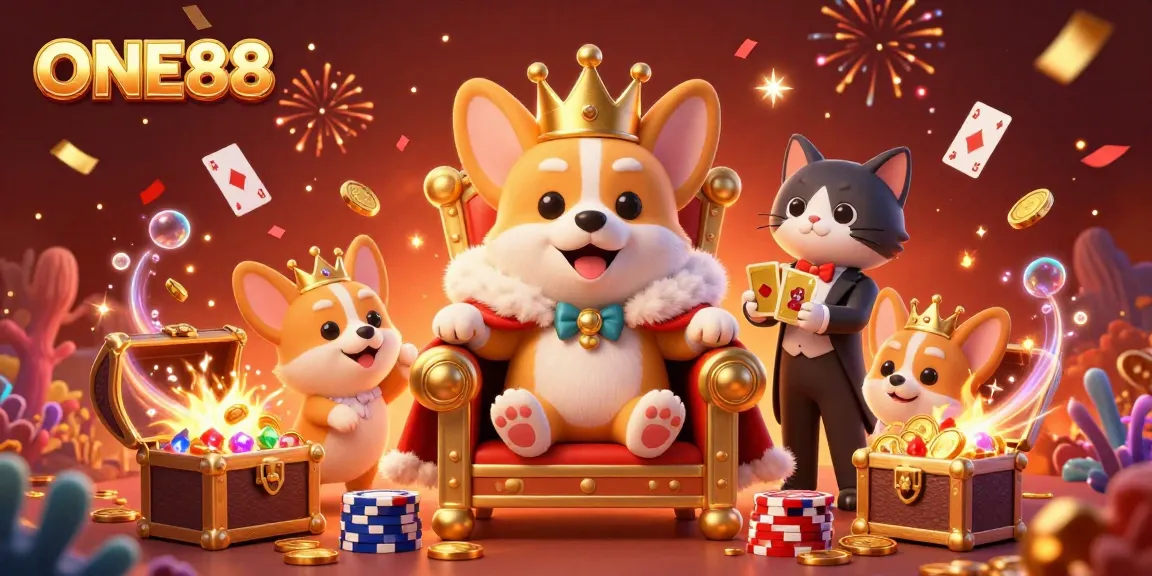 Experience the excitement with ONE88 as the royal corgi rules in a vibrant casino world filled with coins and cards.