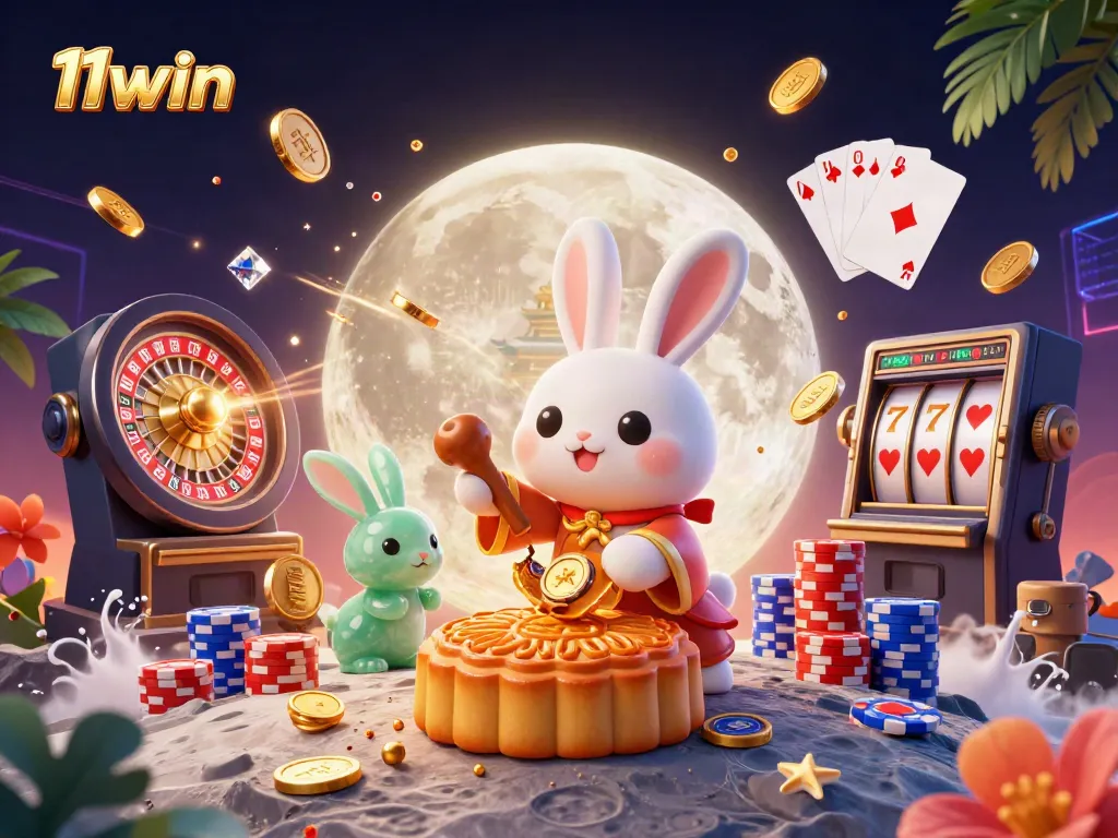 Engage with the thrilling world of 11win while exploring an imaginative scene featuring moon rabbits celebrating with golden coins and poker chips.