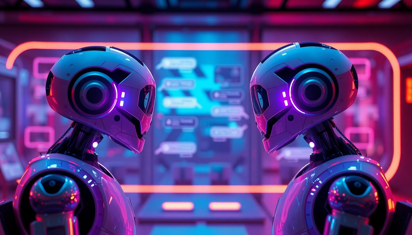 Sexting AI chatbots in a futuristic digital interaction featuring glowing interfaces and playful banter.