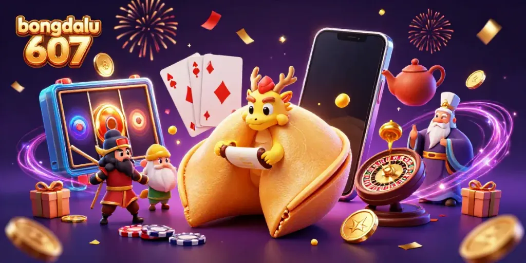 Engage with bongdalu 607 as a wise dragon reveals fortunes from a golden cookie amidst casino-themed elements.
