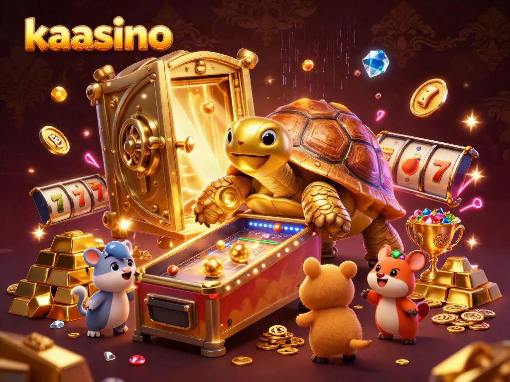 Kaasino reveals an ultra-detailed 3D illustration showing a whimsical tortoise-themed pinball machine amidst a treasure-hunting frenzy.
