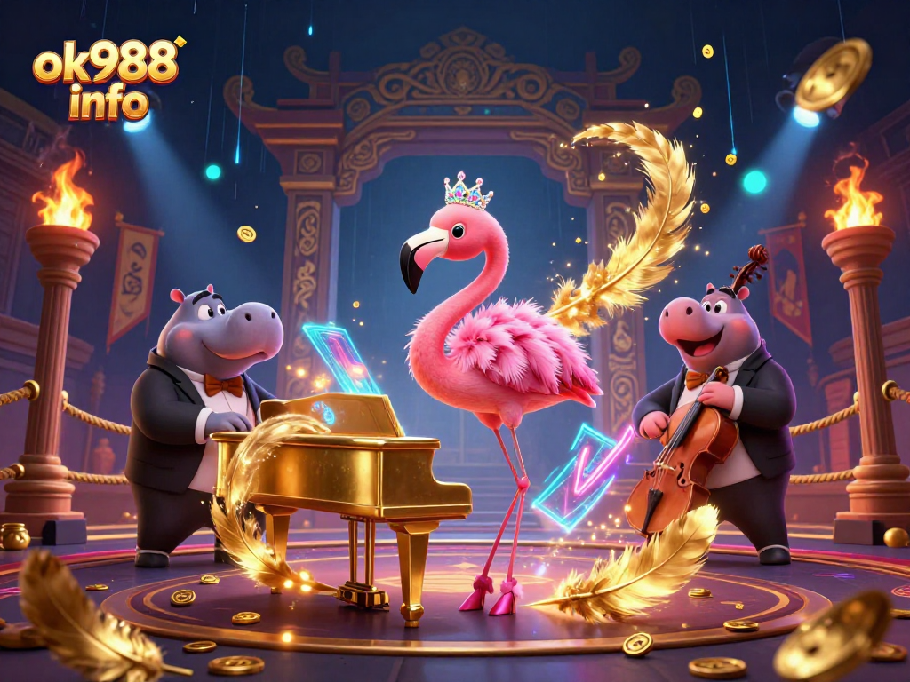 Engage with thrilling details of ok988 info as flamingo singer and hippo bassist animate the casino scene.