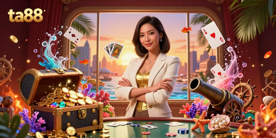 Experience the thrill of ta88 with a powerful businesswoman holding golden playing cards in a vibrant casino atmosphere.
