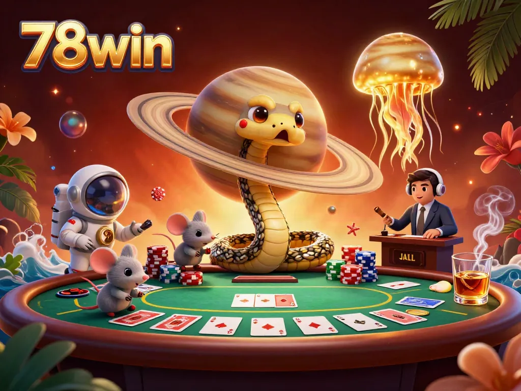Betting in the vibrant world of 78win, where Saturn’s rings spin like a roulette wheel amidst a colorful casino scene.