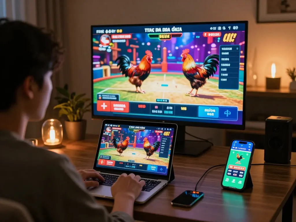 Engaging live đá gà experience viewed on screen, showcasing vibrant chicken fights and betting options.