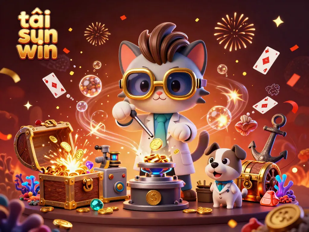 Play games and tải sun win with a vibrant casino-themed 3D illustration of a scientist cat and assistant.