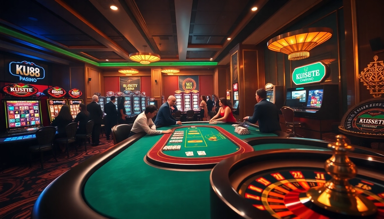 Experience high-stakes gaming at KU88 with elegant poker tables and vibrant casino lights.