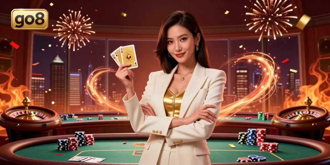 Experience vibrant action at go8 with a glamorous Asian businesswoman holding cards amidst lively casino elements.