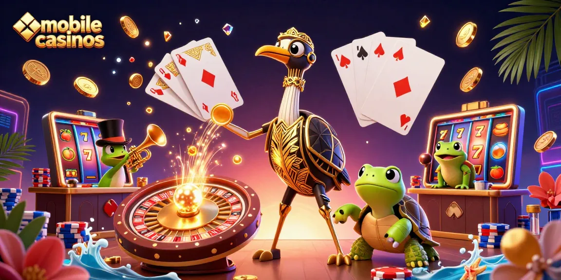 Experience excitement with mobile casinos featuring a vibrant 3D scene of unique casino characters and dynamic game elements.