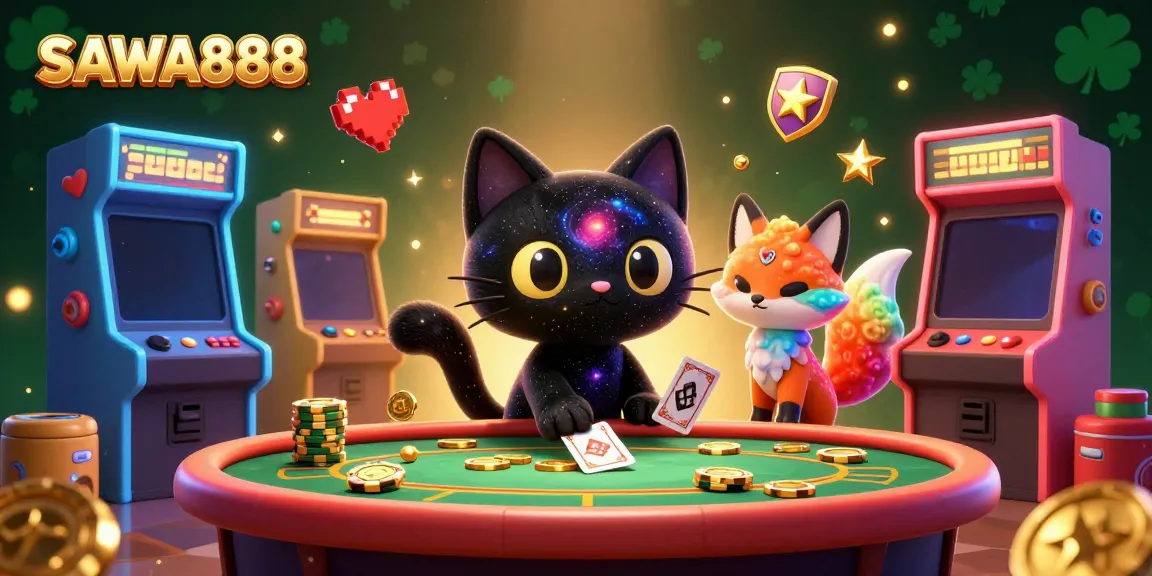 Engage with SAWA888's cosmic casino featuring a black hole cat and a nebula fox, surrounded by glowing game elements.