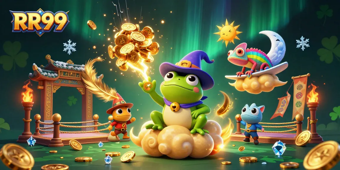 RR99 wizard frog creates a storm of coins in immersive casino-themed 3D digital artwork