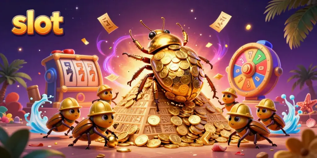 Spin slot reels with a golden beetle and lottery elements for jackpot excitement.