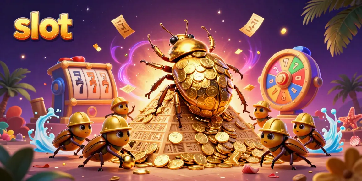 Spin slot reels with a golden beetle and lottery elements for jackpot excitement.