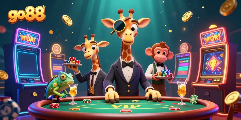 Experience the excitement at go 88 with vibrant slot machines, a high-roller giraffe, and a monkey valet in action.