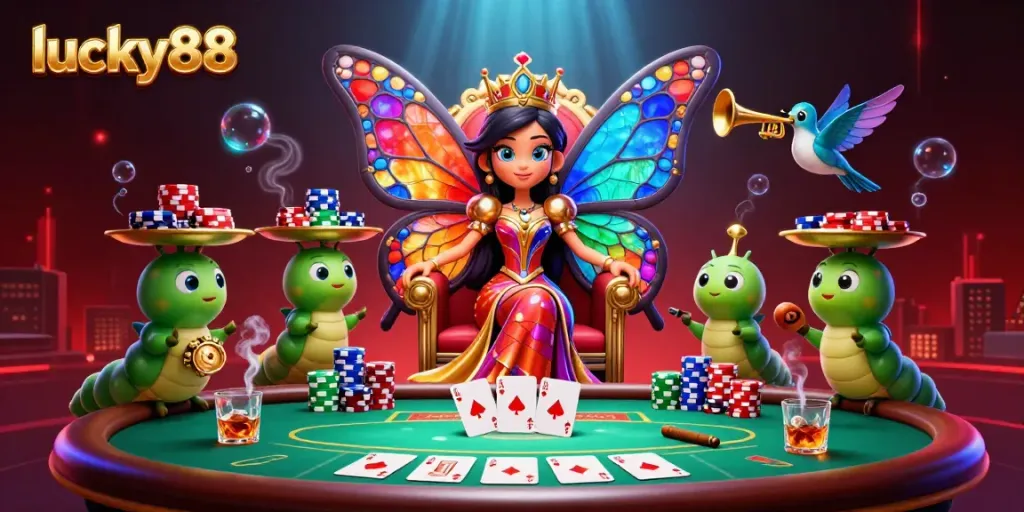 Experience the vibrant charm of lucky88 with a butterfly queen and poker elements in this thrilling casino illustration.