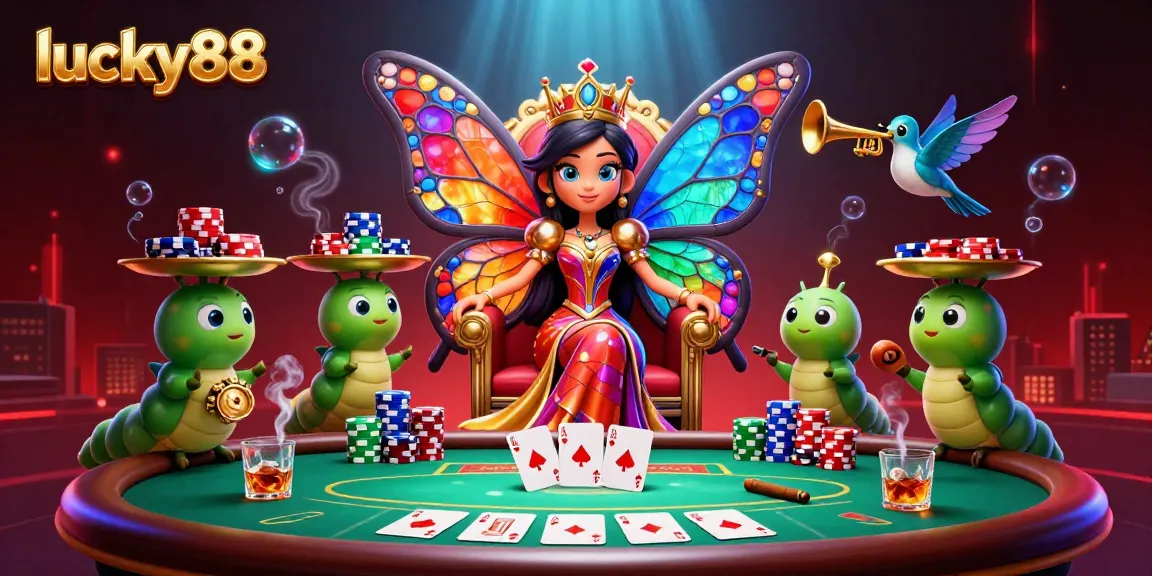 Experience the vibrant charm of lucky88 with a butterfly queen and poker elements in this thrilling casino illustration.