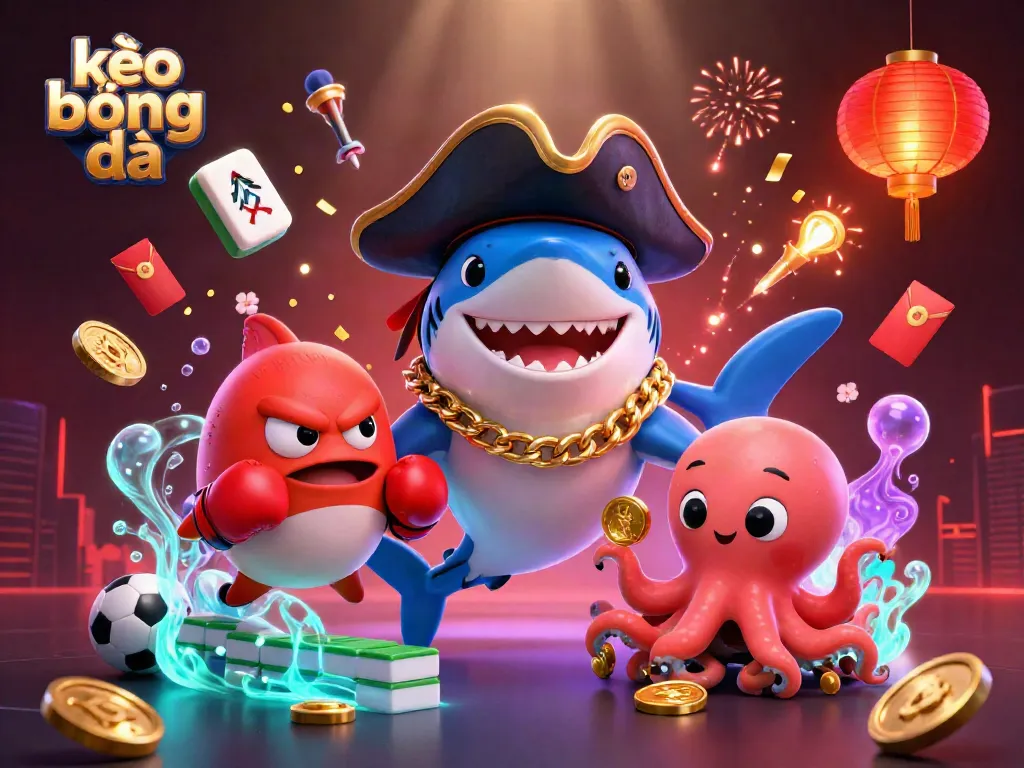 Experience thrilling kèo bóng đá action with a dynamic illustration featuring a pirate shark, pufferfish, and octopus.