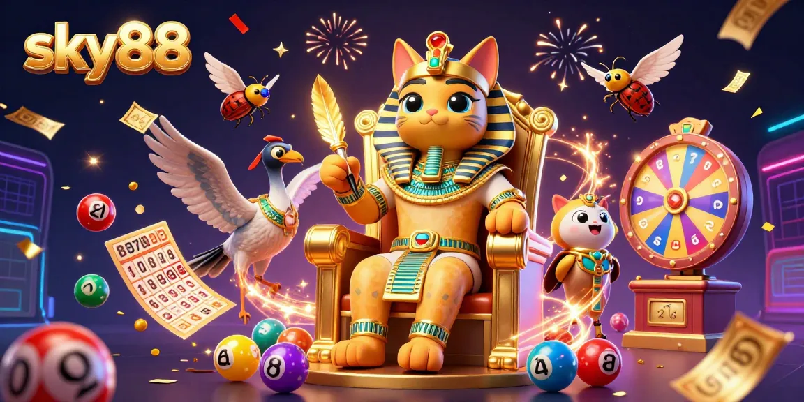 Play thrilling games at sky88 with a vibrant scene of pharaohs and prizes amid magical elements.