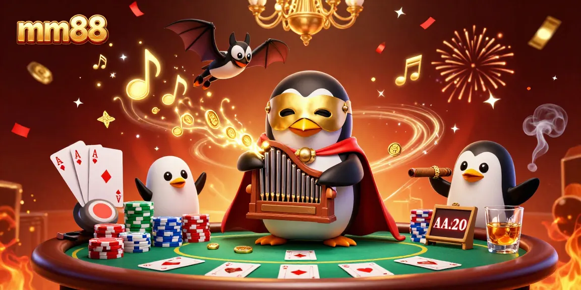 mm88 penguin playing organ with gold coins, poker elements, and festive atmosphere