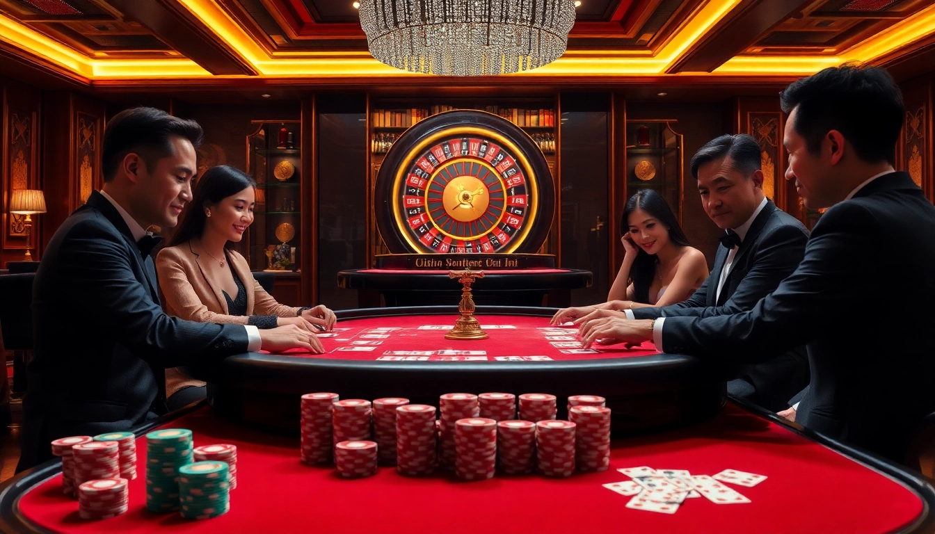 Players engaging in an intense game bài with chips and cards at a luxurious casino table.