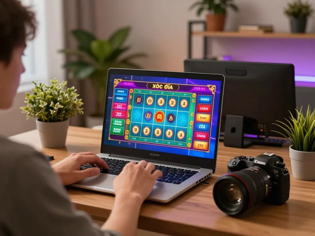 xóc đĩa online gameplay featuring a player engaging with colorful game graphics on a laptop in a cozy home setting