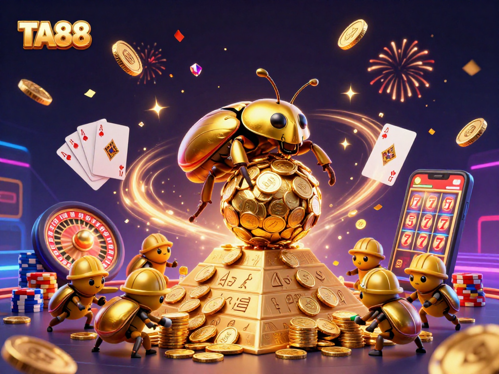 Engage in thrilling gameplay at TA88, featuring dynamic casino elements and a golden beetle rolling coins.