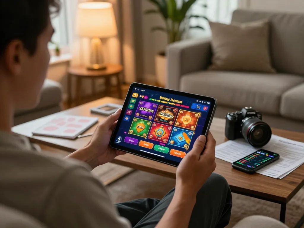 TẢI GO88 on a tablet while enjoying a cozy home gaming environment.