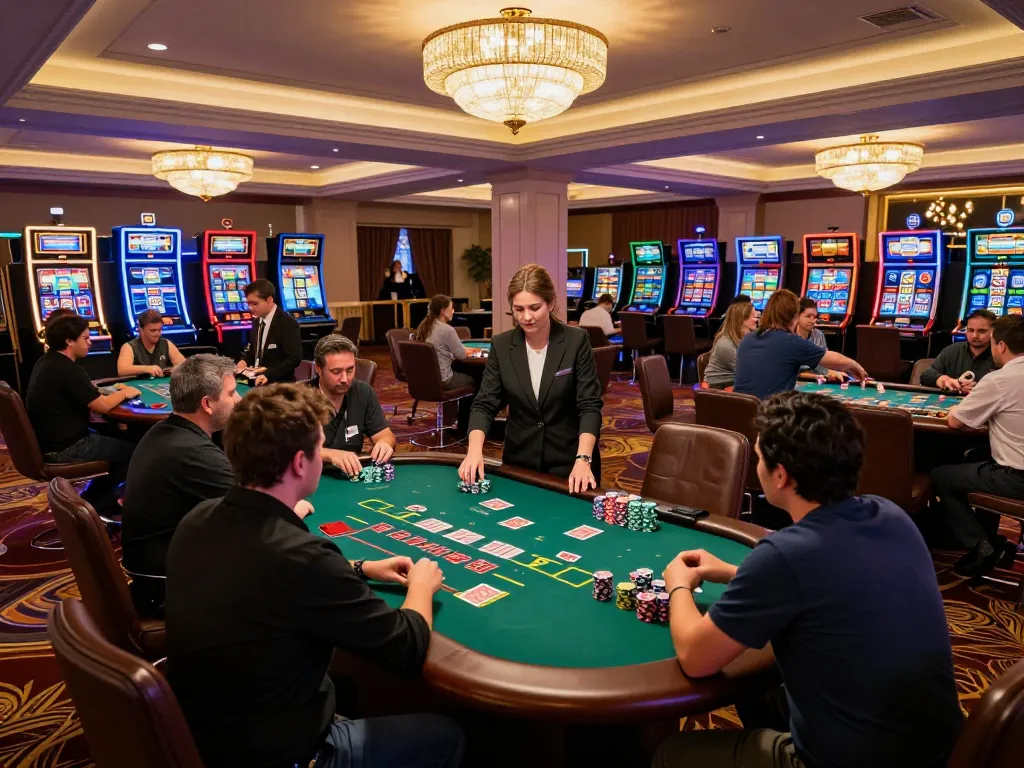 Experience thrilling gameplay at 88CLUB with players engaging at blackjack tables under luxurious chandeliers.